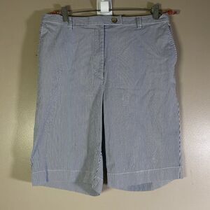 Lands End Shorts Womens 14 Blue White Stripe Pleated High Rise Seersucker